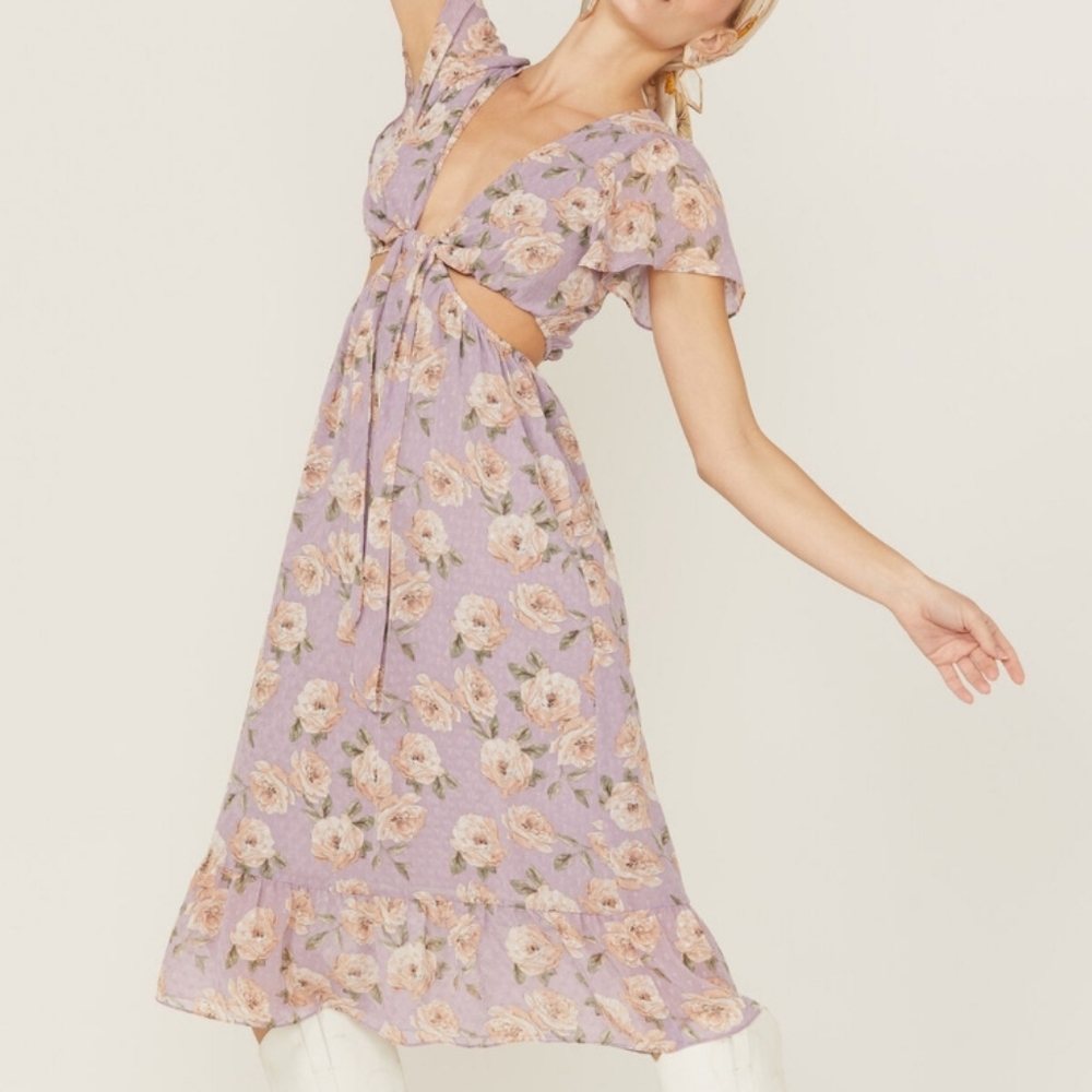 Sage the Label Women's Lavander Floral Cut-Out Midi Dress